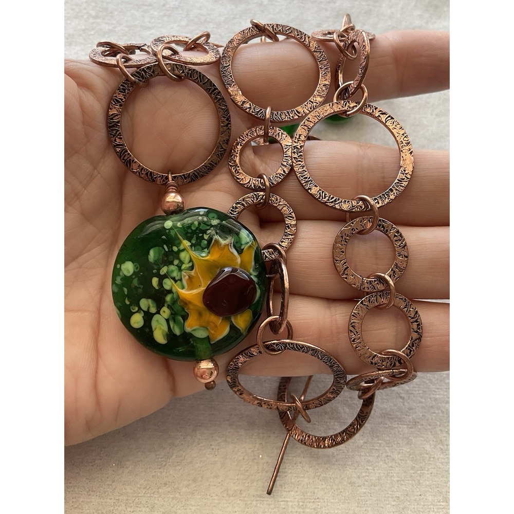 artisan copper and green glass jewelry set Earrings + Necklace Vintage Estate - Picture 4 of 8